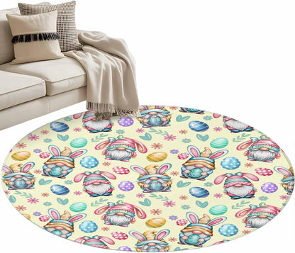 Round Area Rug 3ft, Farmhouse Gnome Easter Egg Non Slip Low Profile Circle Rugs, Summer Flower Light Yellow Non Shedding Washable Floor Carpets for Living Room Bedroom Office Home