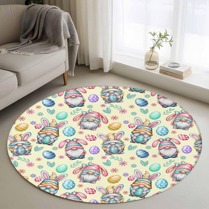 Round Area Rug 3ft, Farmhouse Gnome Easter Egg Non Slip Low Profile Circle Rugs, Summer Flower Light Yellow Non Shedding Washable Floor Carpets for Living Room Bedroom Office Home