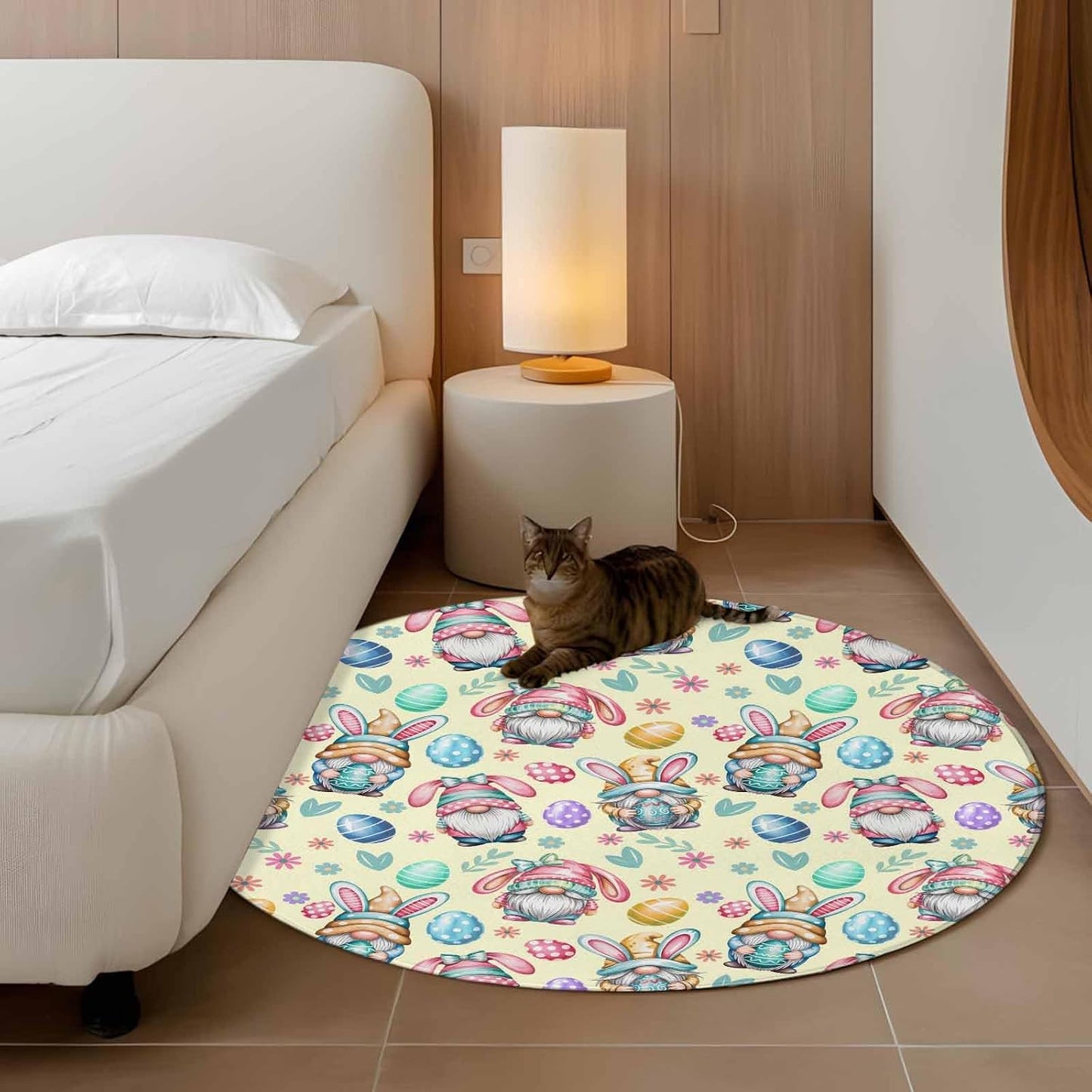 Round Area Rug 3ft, Farmhouse Gnome Easter Egg Non Slip Low Profile Circle Rugs, Summer Flower Light Yellow Non Shedding Washable Floor Carpets for Living Room Bedroom Office Home