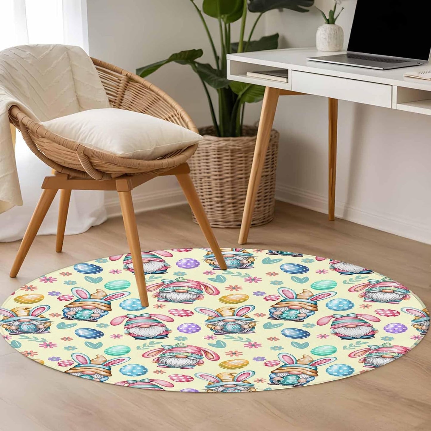 Round Area Rug 3ft, Farmhouse Gnome Easter Egg Non Slip Low Profile Circle Rugs, Summer Flower Light Yellow Non Shedding Washable Floor Carpets for Living Room Bedroom Office Home