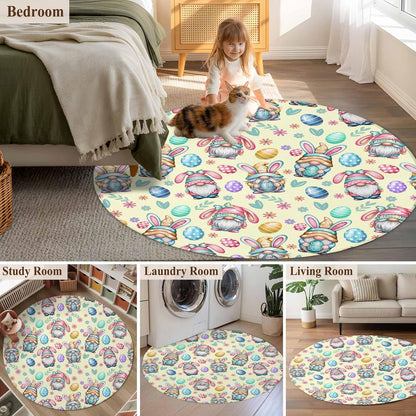 Round Area Rug 3ft, Farmhouse Gnome Easter Egg Non Slip Low Profile Circle Rugs, Summer Flower Light Yellow Non Shedding Washable Floor Carpets for Living Room Bedroom Office Home
