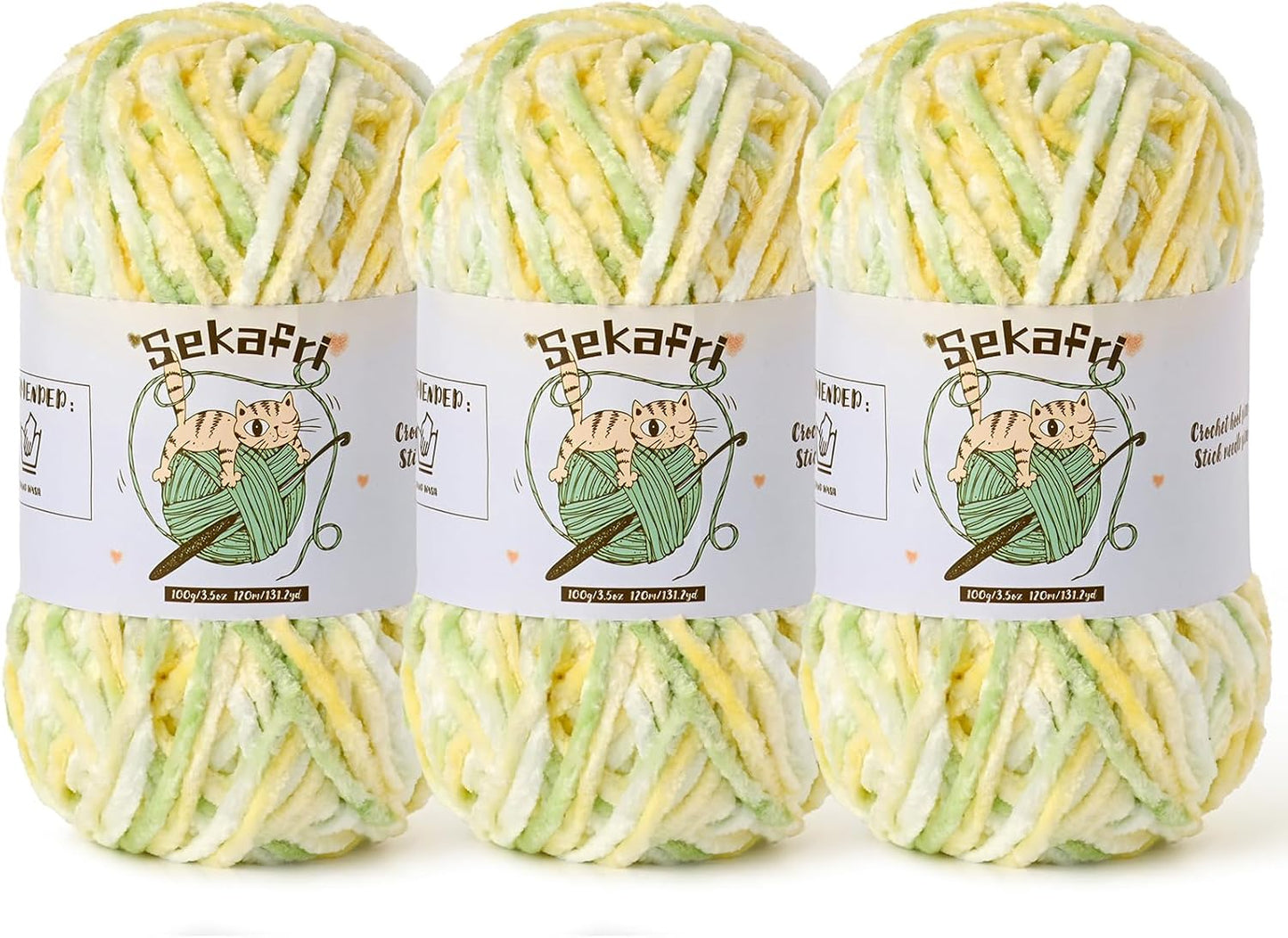3 Pack Fuzzy Chenille Yarn for Crocheting, Velvet Baby Blanket Yarn for Crocheting, Soft Plush Yarn for Hand Knitting, (300 g/393yds) Fluffy Amigurumi Crochet Yarn (3 Greenish Yellow)