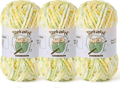 3 Pack Fuzzy Chenille Yarn for Crocheting, Velvet Baby Blanket Yarn for Crocheting, Soft Plush Yarn for Hand Knitting, (300 g/393yds) Fluffy Amigurumi Crochet Yarn (3 Greenish Yellow)