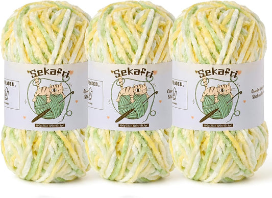 3 Pack Fuzzy Chenille Yarn for Crocheting, Velvet Baby Blanket Yarn for Crocheting, Soft Plush Yarn for Hand Knitting, (300 g/393yds) Fluffy Amigurumi Crochet Yarn (3 Greenish Yellow)