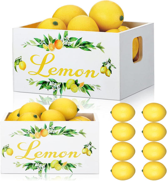 Summer Lemon Tiered Tray Decor, Farmhouse Mini Wooden Crate with 8 Pcs Fake Lemons, Lemonade Decorative Box Rustic Table Centerpiece for Kitchen Home Shelf Party Decorations