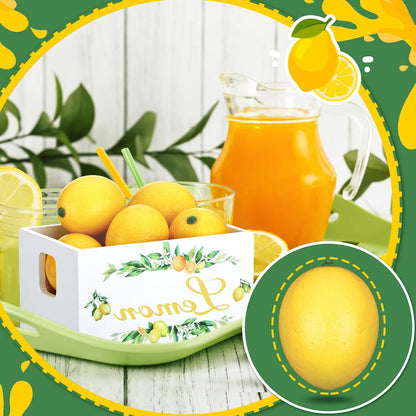 Summer Lemon Tiered Tray Decor, Farmhouse Mini Wooden Crate with 8 Pcs Fake Lemons, Lemonade Decorative Box Rustic Table Centerpiece for Kitchen Home Shelf Party Decorations