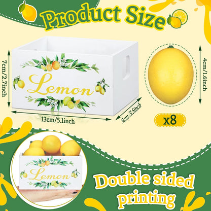 Summer Lemon Tiered Tray Decor, Farmhouse Mini Wooden Crate with 8 Pcs Fake Lemons, Lemonade Decorative Box Rustic Table Centerpiece for Kitchen Home Shelf Party Decorations