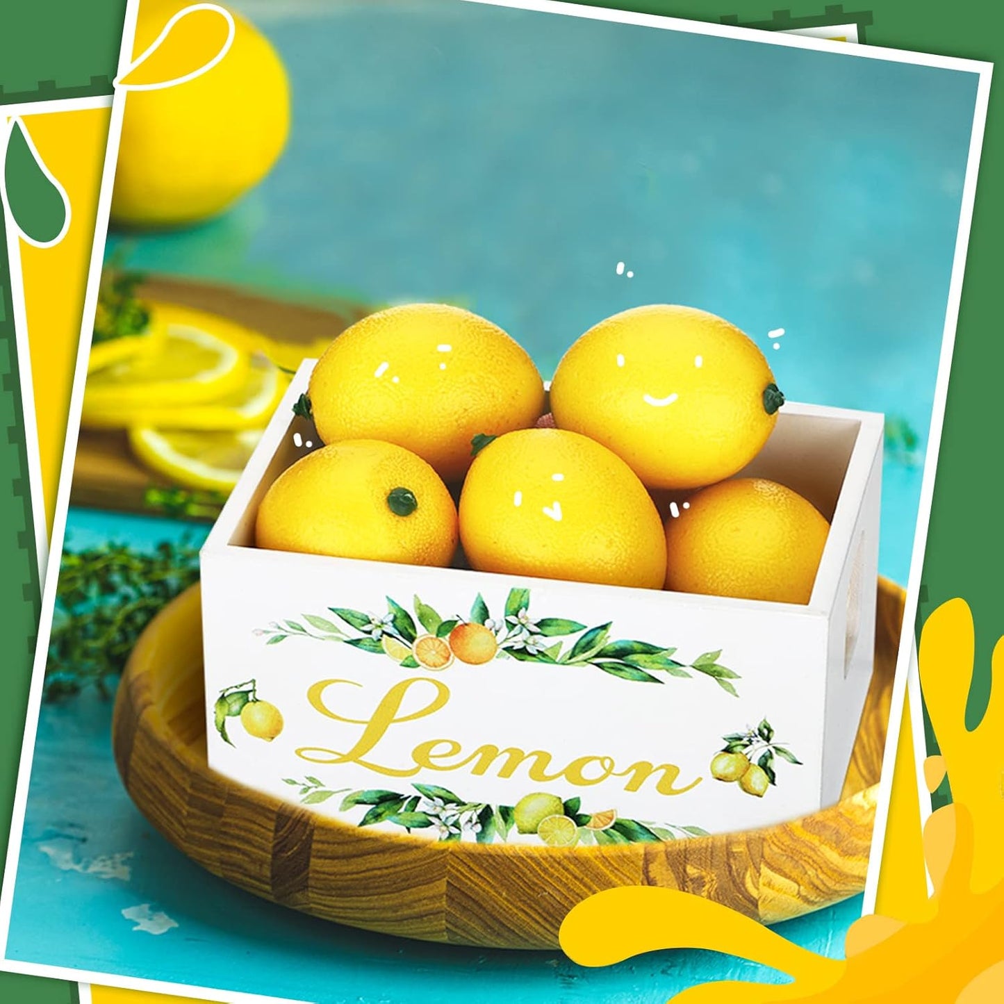 Summer Lemon Tiered Tray Decor, Farmhouse Mini Wooden Crate with 8 Pcs Fake Lemons, Lemonade Decorative Box Rustic Table Centerpiece for Kitchen Home Shelf Party Decorations