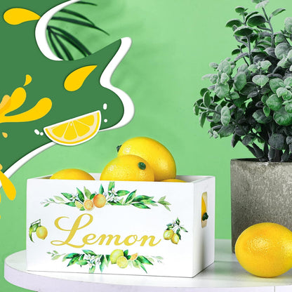 Summer Lemon Tiered Tray Decor, Farmhouse Mini Wooden Crate with 8 Pcs Fake Lemons, Lemonade Decorative Box Rustic Table Centerpiece for Kitchen Home Shelf Party Decorations