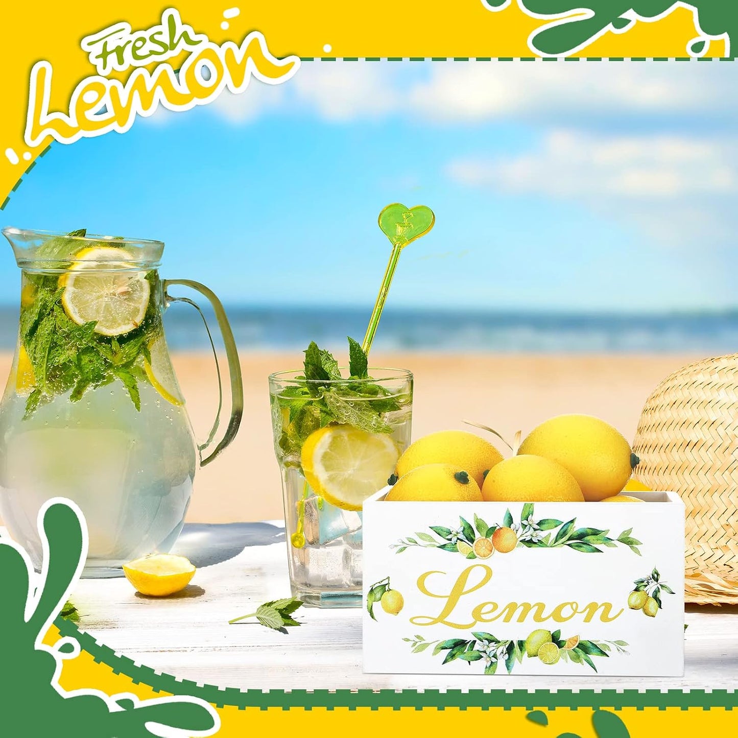 Summer Lemon Tiered Tray Decor, Farmhouse Mini Wooden Crate with 8 Pcs Fake Lemons, Lemonade Decorative Box Rustic Table Centerpiece for Kitchen Home Shelf Party Decorations
