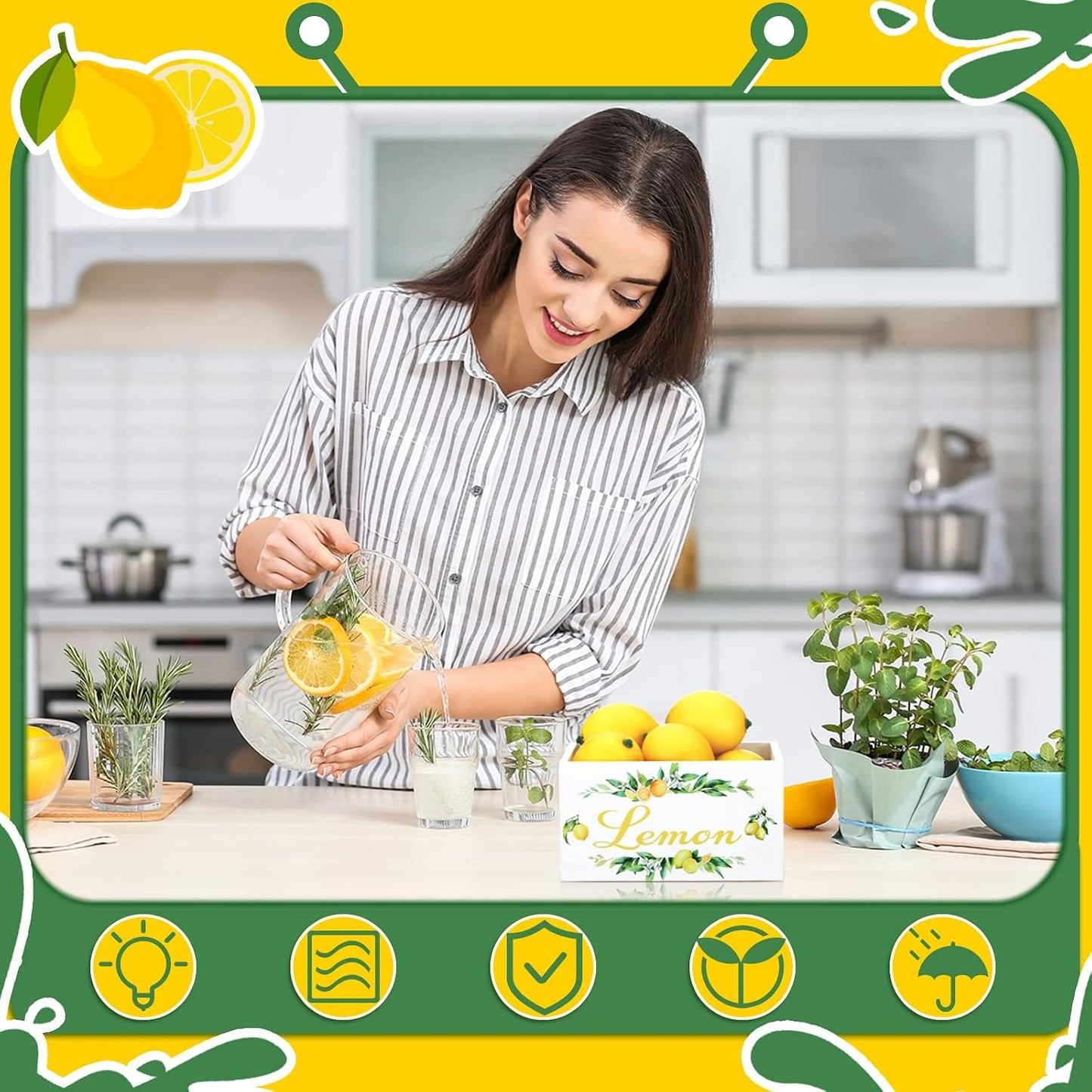 Summer Lemon Tiered Tray Decor, Farmhouse Mini Wooden Crate with 8 Pcs Fake Lemons, Lemonade Decorative Box Rustic Table Centerpiece for Kitchen Home Shelf Party Decorations