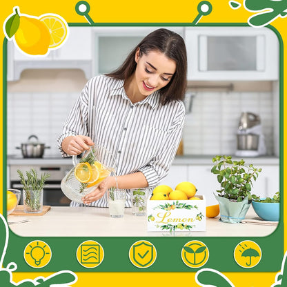 Summer Lemon Tiered Tray Decor, Farmhouse Mini Wooden Crate with 8 Pcs Fake Lemons, Lemonade Decorative Box Rustic Table Centerpiece for Kitchen Home Shelf Party Decorations
