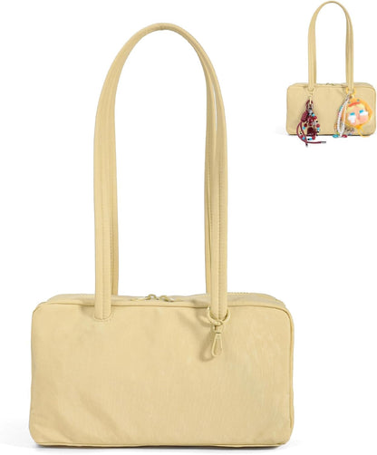 Nylon Bowler Bag for Women: Slouchy Lightweight with Charm Loop | Shoulder,Handbags,Tote,Hobo,Cute,East-West,Key Strap,Small,Roomy,Machine Washable,Everyday Use Outings