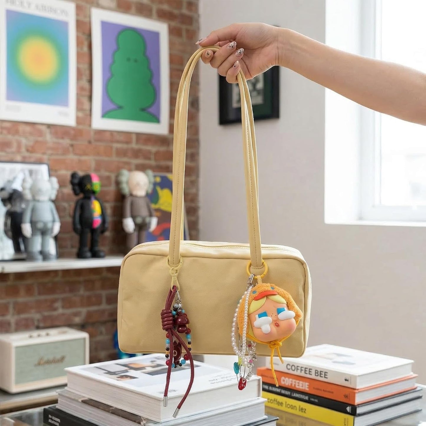 Nylon Bowler Bag for Women: Slouchy Lightweight with Charm Loop | Shoulder,Handbags,Tote,Hobo,Cute,East-West,Key Strap,Small,Roomy,Machine Washable,Everyday Use Outings