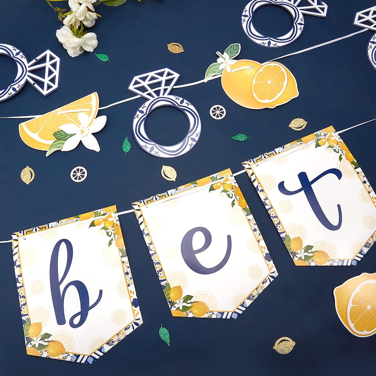 Lemon Bridal Shower Decorations - Yellow and Blue Bride To Be Banner, Diamond Ring Garland, Fruit Theme Bachelorette Party Decorations