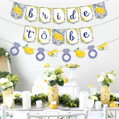 Lemon Bridal Shower Decorations - Yellow and Blue Bride To Be Banner, Diamond Ring Garland, Fruit Theme Bachelorette Party Decorations