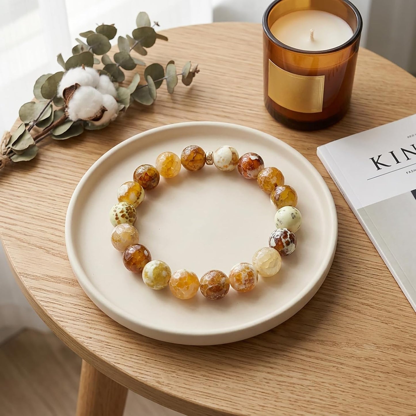 60pcs Round Loose Yellow Fire Agate Beads for Bracelet Beads，6mm Gemstone Bead Round Loose Stone Beads for Jewelry Making DIY Bracelet Necklace Earrings