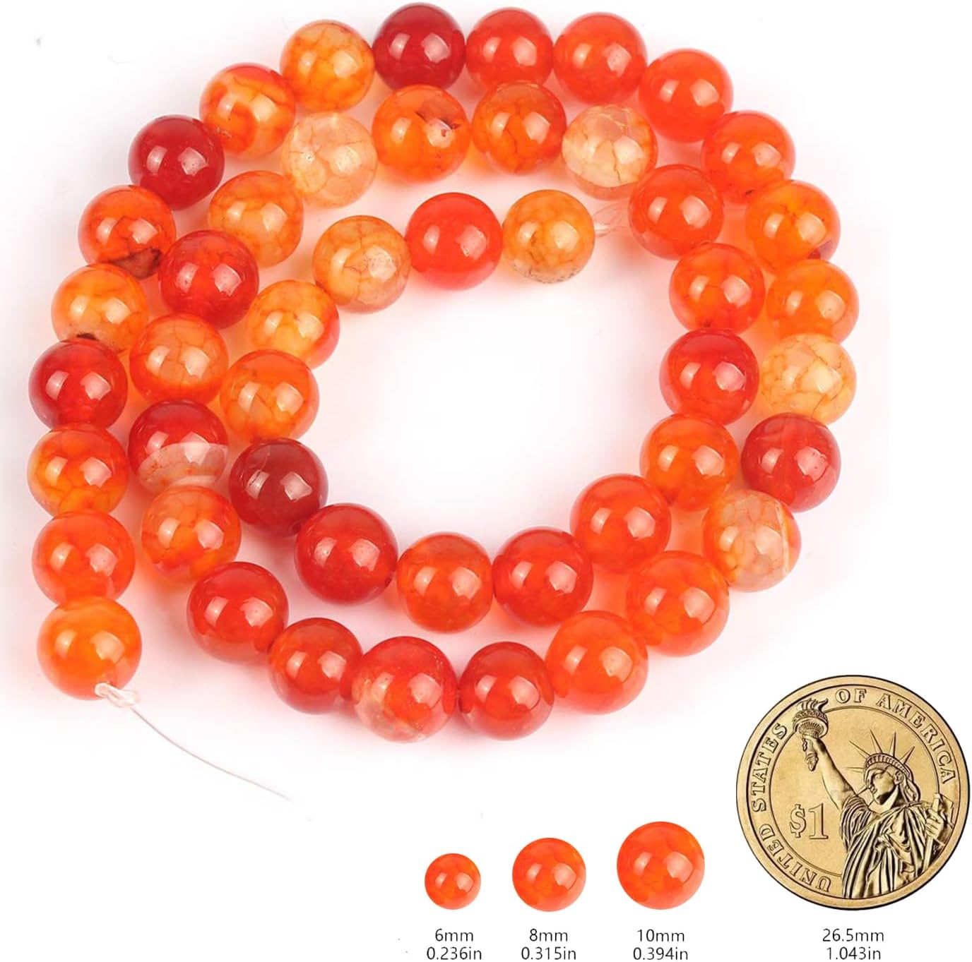 60pcs Round Loose Yellow Fire Agate Beads for Bracelet Beads，6mm Gemstone Bead Round Loose Stone Beads for Jewelry Making DIY Bracelet Necklace Earrings