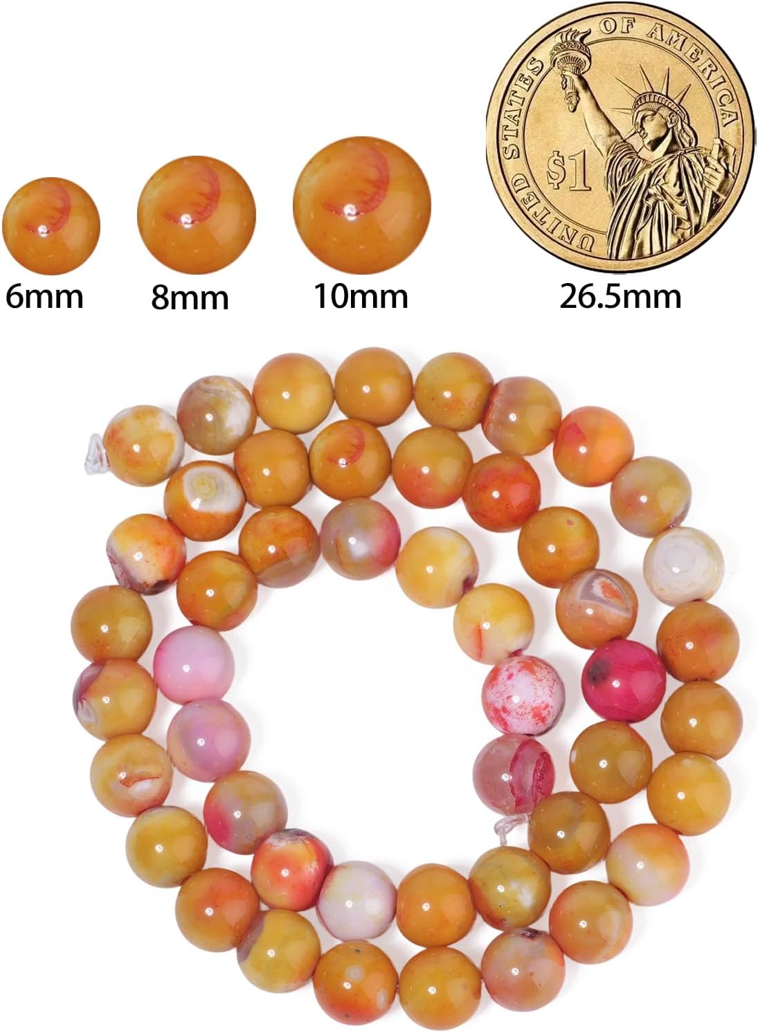 60pcs Round Loose Yellow Fire Agate Beads for Bracelet Beads，6mm Gemstone Bead Round Loose Stone Beads for Jewelry Making DIY Bracelet Necklace Earrings