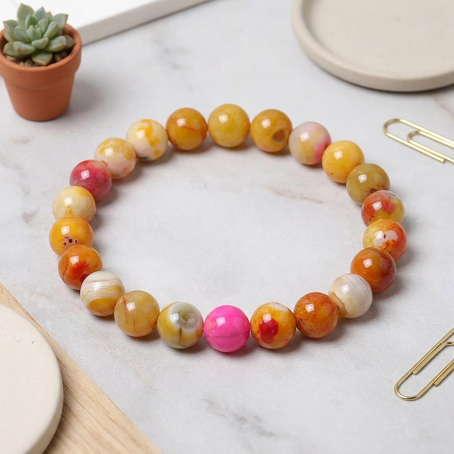 60pcs Round Loose Yellow Fire Agate Beads for Bracelet Beads，6mm Gemstone Bead Round Loose Stone Beads for Jewelry Making DIY Bracelet Necklace Earrings