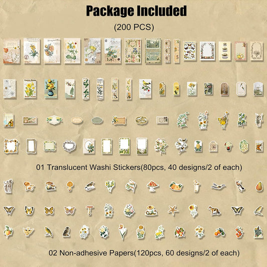 200PCS Vintage Scrapbooking Supplies Kit for Journaling, Scrapbook Sticker Paper Pack for Junk Journal Planners Aesthetic Cottagecore Room Decor Wall Art Collage Album