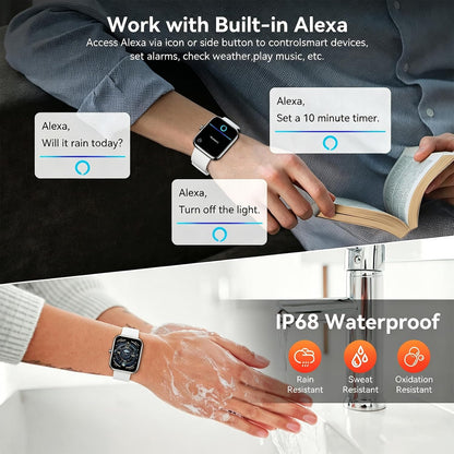 Smart Watch with Alexa Built-in, 1.83" HD Touchscreen Fitness Tracker, Bluetooth Notifications/Calls, IP68 Waterproof, 120+ Sport Modes, 24/7 Heart Rate & Sleep Monitor for iPhone Android iOS (White)