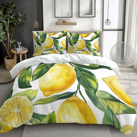 Vintage Style Pattern Bedding Set, Watercolor Painting Lemon Leaf Printed Duvet Cover Set Queen, Comforter Cover 3 Pieces Bed Sets with 2 Pillow Cases, for Teen Boys Girls Bedroom Decor
