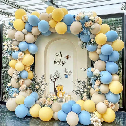 Blue Yellow Balloon Arch Kit Double Stuffed Light Yellow Pastel Blue White Sand Matte Balloon Garland for Baby Shower Bear Birthday Bridal to Bee Party Decoration