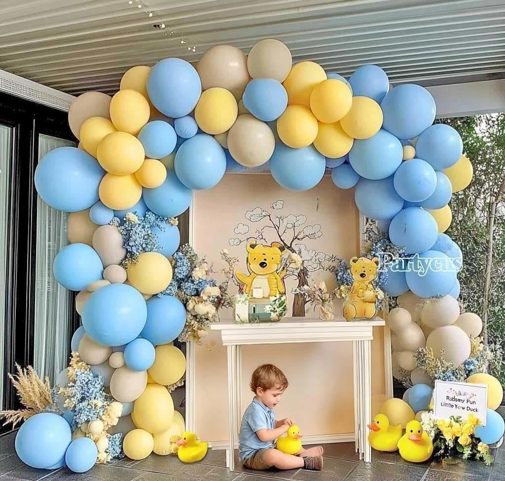 Blue Yellow Balloon Arch Kit Double Stuffed Light Yellow Pastel Blue White Sand Matte Balloon Garland for Baby Shower Bear Birthday Bridal to Bee Party Decoration