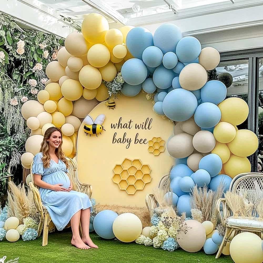 Blue Yellow Balloon Arch Kit Double Stuffed Light Yellow Pastel Blue White Sand Matte Balloon Garland for Baby Shower Bear Birthday Bridal to Bee Party Decoration