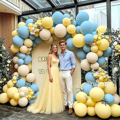Blue Yellow Balloon Arch Kit Double Stuffed Light Yellow Pastel Blue White Sand Matte Balloon Garland for Baby Shower Bear Birthday Bridal to Bee Party Decoration
