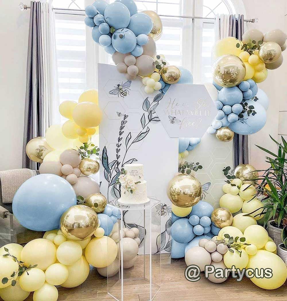 Blue Yellow Balloon Arch Kit Double Stuffed Light Yellow Pastel Blue White Sand Matte Balloon Garland for Baby Shower Bear Birthday Bridal to Bee Party Decoration