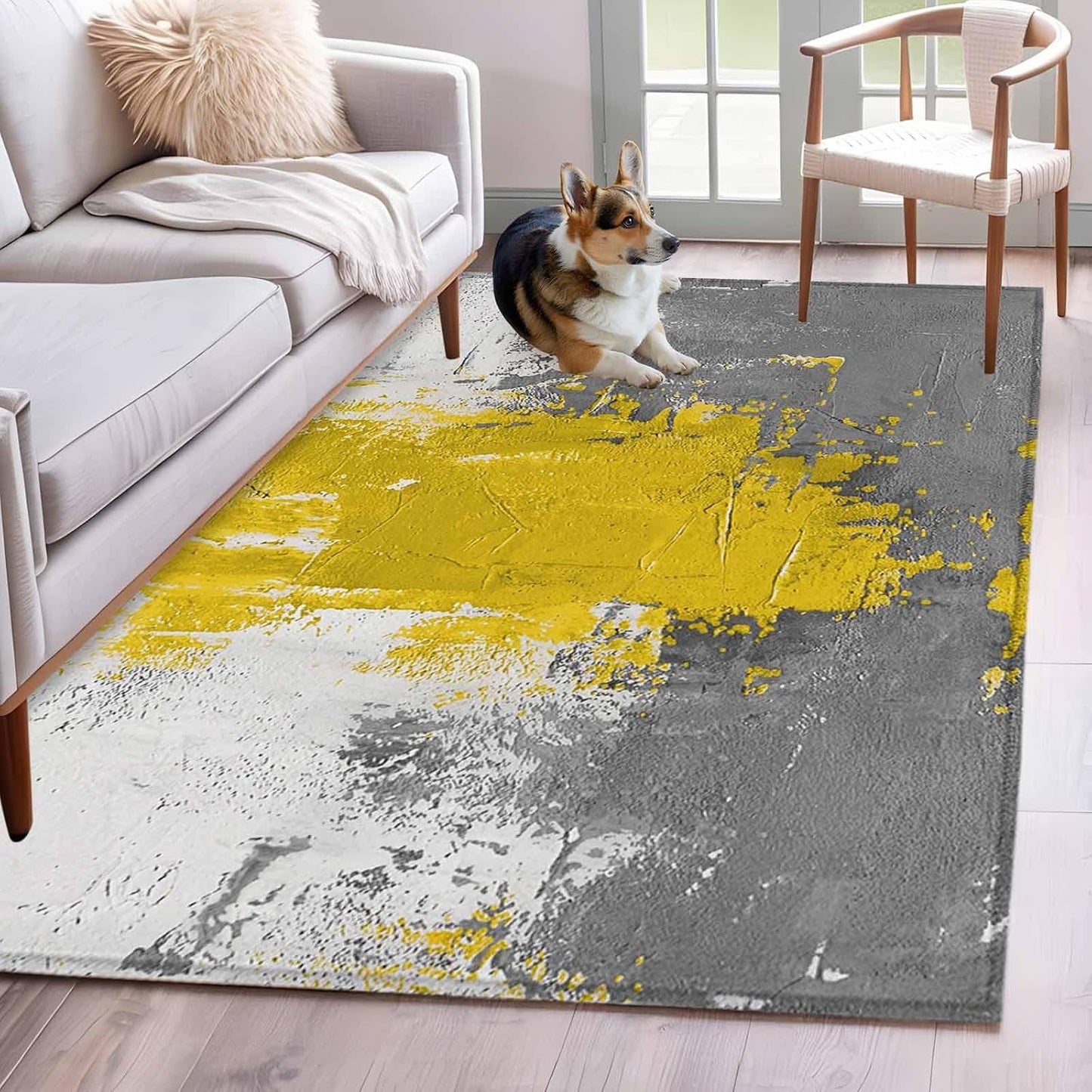 Abstract Art Area Rug 4x6, Yellow Grey Wall Mottled Texture Minimalist Modern Non Slip Area Rugs for Living Room, Soft Floor Mat Washable Low Pile Carpet for Bedroom, Dining Room, Entryway