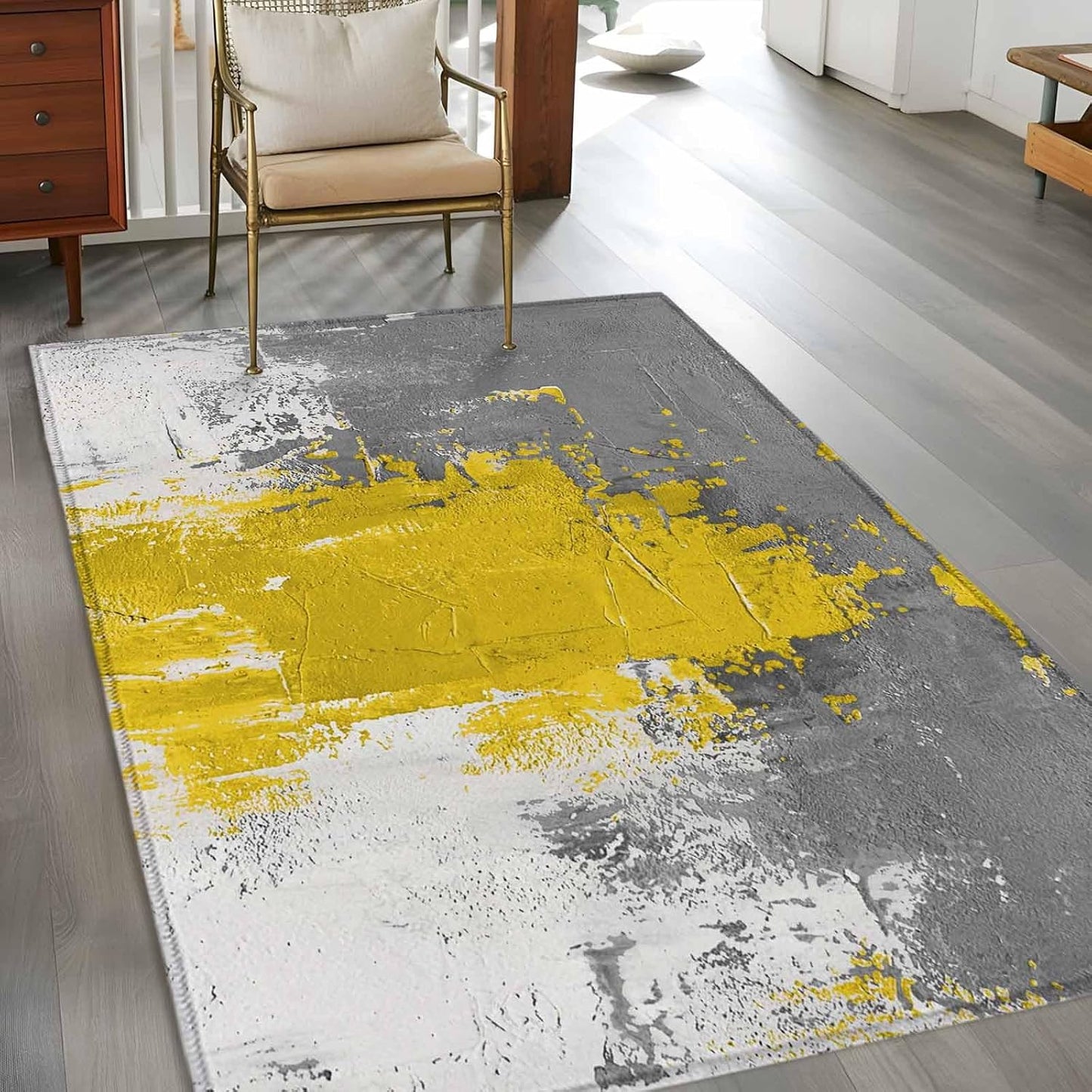 Abstract Art Area Rug 4x6, Yellow Grey Wall Mottled Texture Minimalist Modern Non Slip Area Rugs for Living Room, Soft Floor Mat Washable Low Pile Carpet for Bedroom, Dining Room, Entryway