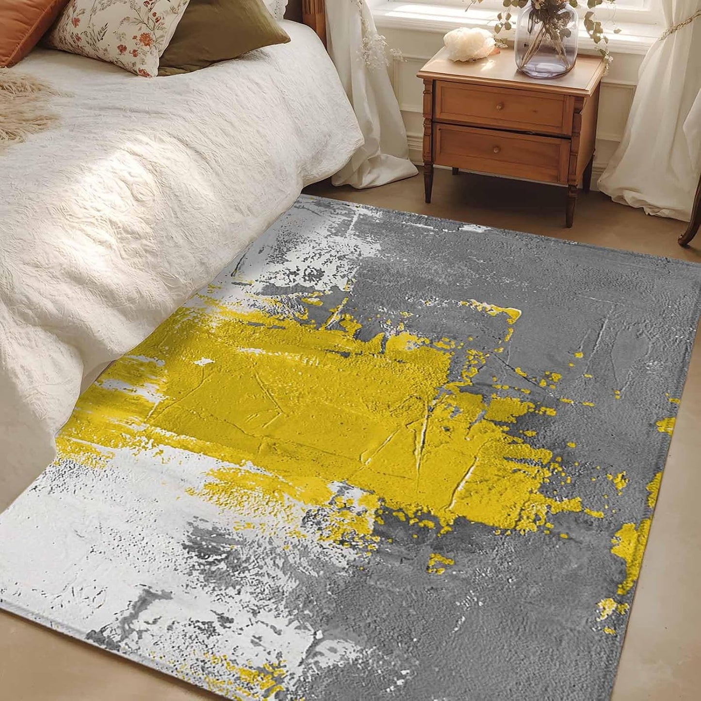 Abstract Art Area Rug 4x6, Yellow Grey Wall Mottled Texture Minimalist Modern Non Slip Area Rugs for Living Room, Soft Floor Mat Washable Low Pile Carpet for Bedroom, Dining Room, Entryway