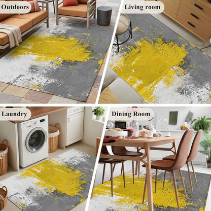 Abstract Art Area Rug 4x6, Yellow Grey Wall Mottled Texture Minimalist Modern Non Slip Area Rugs for Living Room, Soft Floor Mat Washable Low Pile Carpet for Bedroom, Dining Room, Entryway