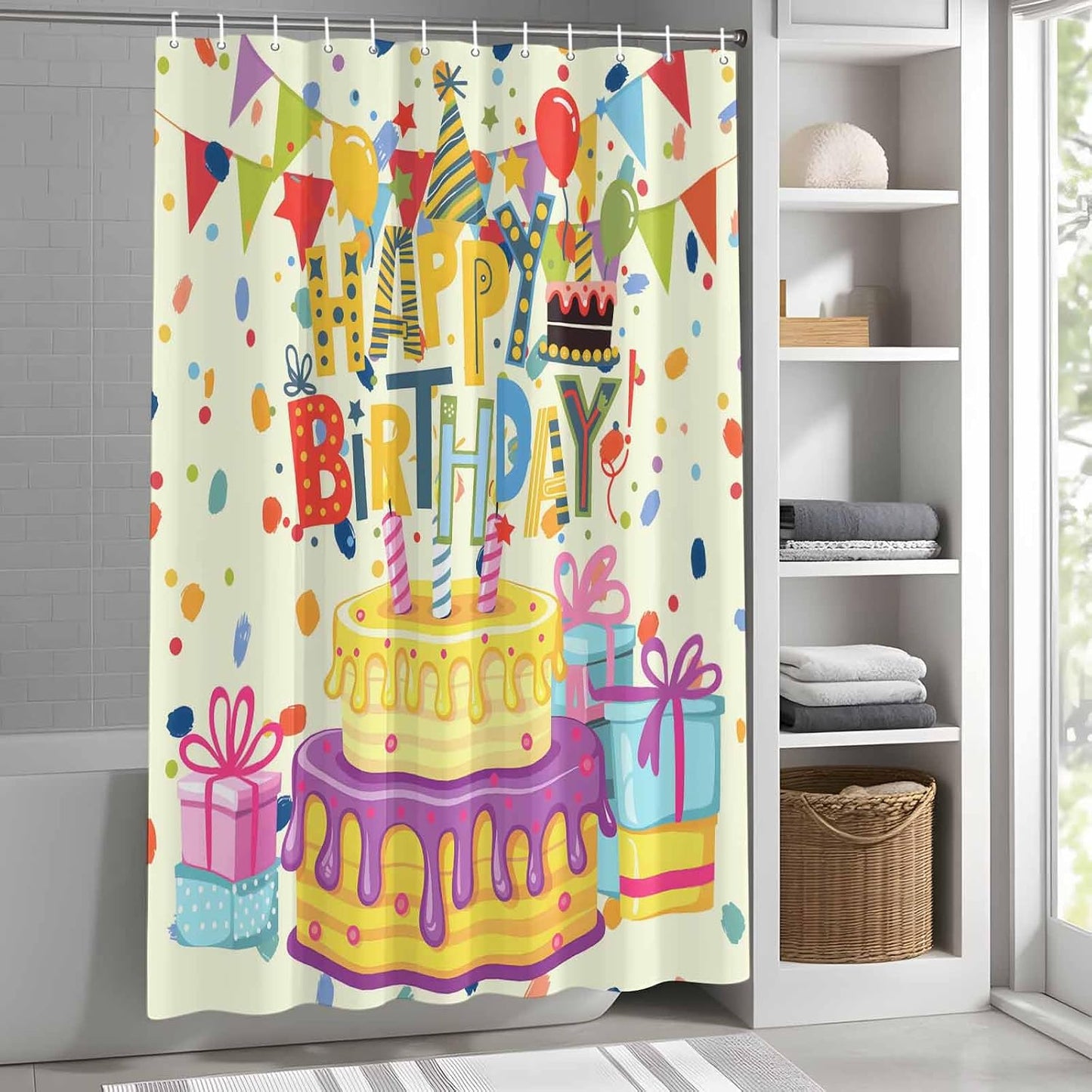 Shower Curtain Birthday Theme Waterproof Polyester Bathroom Curtain Cute Cartoon Fabric Decorative Bath Curtain for Bathroom Decor, Hooks Included 72 x 72 in