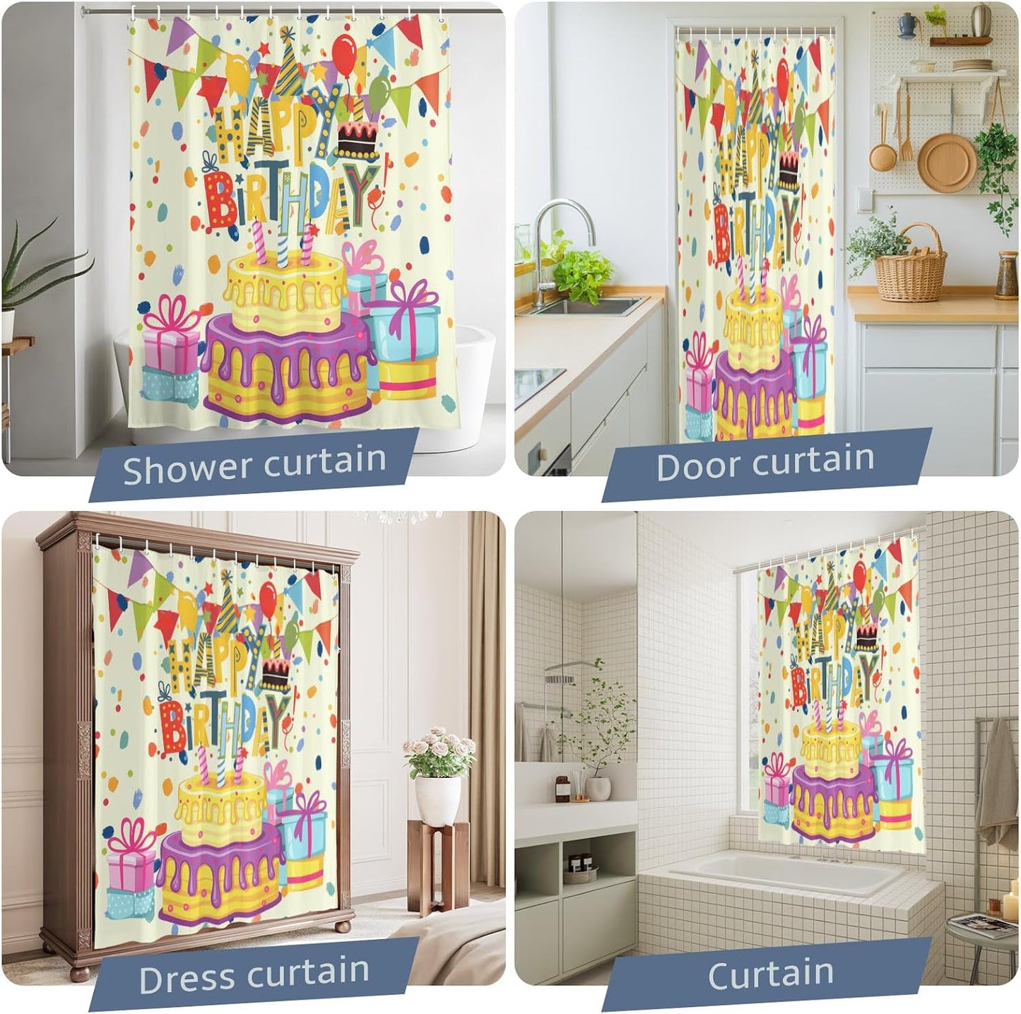 Shower Curtain Birthday Theme Waterproof Polyester Bathroom Curtain Cute Cartoon Fabric Decorative Bath Curtain for Bathroom Decor, Hooks Included 72 x 72 in