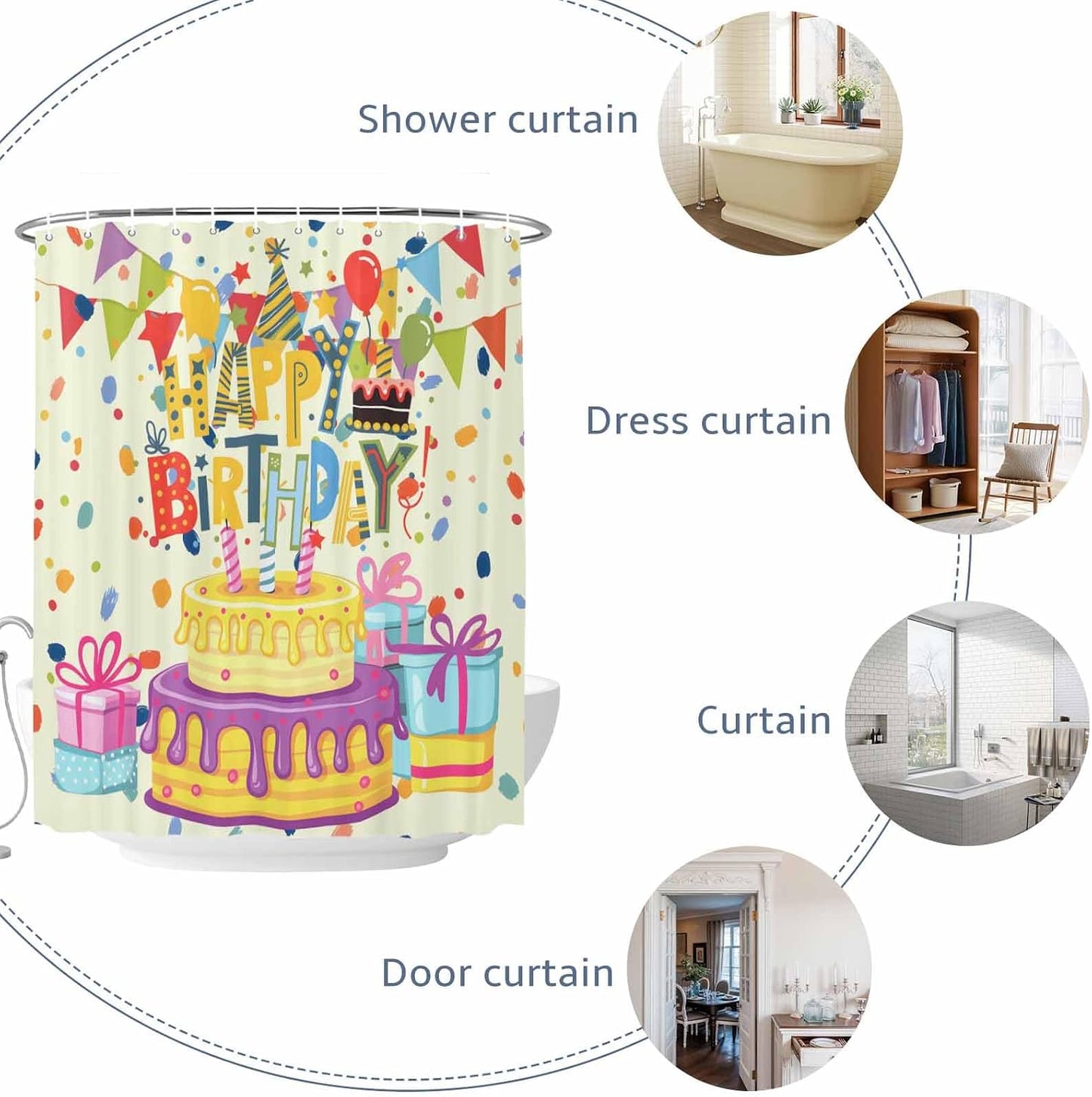 Shower Curtain Birthday Theme Waterproof Polyester Bathroom Curtain Cute Cartoon Fabric Decorative Bath Curtain for Bathroom Decor, Hooks Included 72 x 72 in
