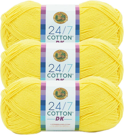24/7 Cotton DK Crochet Yarn, Lemon Drop, Yellow, 3 Pack | Cotton Yarn for Knitting, Crochet, Crafts, Light Weight Fiber for Bags, Blankets, Soft Shawls, Summer Hats, Baby Clothes