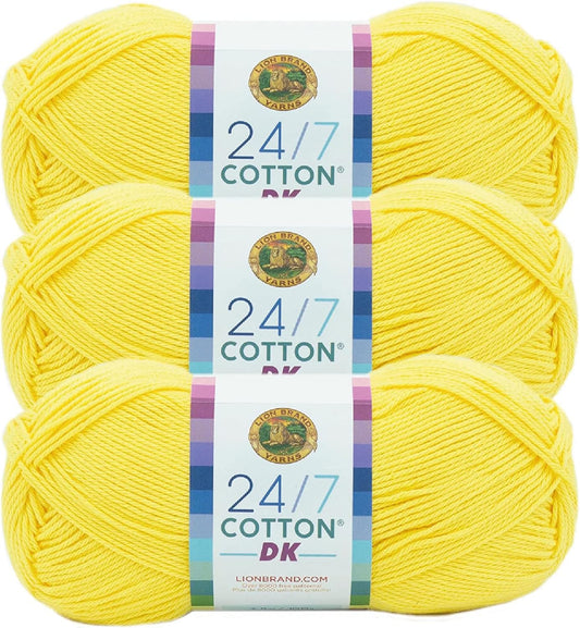 24/7 Cotton DK Crochet Yarn, Lemon Drop, Yellow, 3 Pack | Cotton Yarn for Knitting, Crochet, Crafts, Light Weight Fiber for Bags, Blankets, Soft Shawls, Summer Hats, Baby Clothes