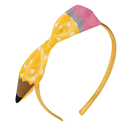 Pencil Bow Headband for Women Girls, Cute Yellow Polka Dot Pencil Shaped Hairband, Back to School/First Day of School/Teacher Appreciation Party Costume Hair Accessory