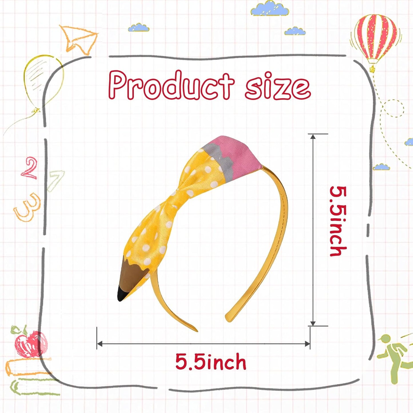 Pencil Bow Headband for Women Girls, Cute Yellow Polka Dot Pencil Shaped Hairband, Back to School/First Day of School/Teacher Appreciation Party Costume Hair Accessory