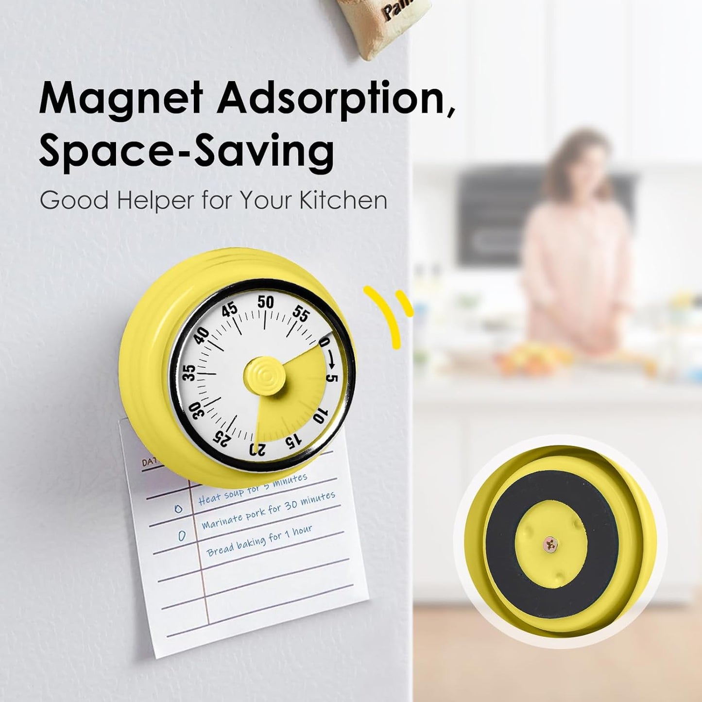 Visual Timer 60-Minute Countdown Timer with Magnetic Base (Yellow) | Kitchen Timer Mechanical Clockwork, Ringer Alert, Time Management Tool for Children and Adults, Study/Work/Cooking