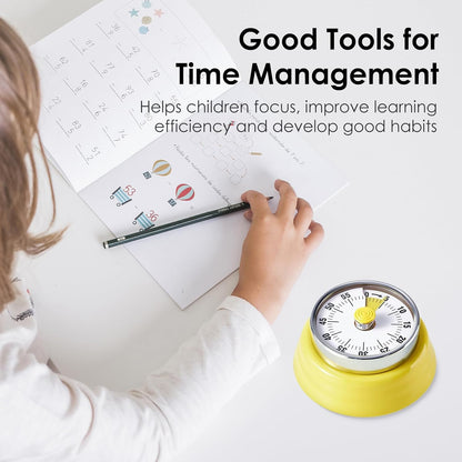 Visual Timer 60-Minute Countdown Timer with Magnetic Base (Yellow) | Kitchen Timer Mechanical Clockwork, Ringer Alert, Time Management Tool for Children and Adults, Study/Work/Cooking