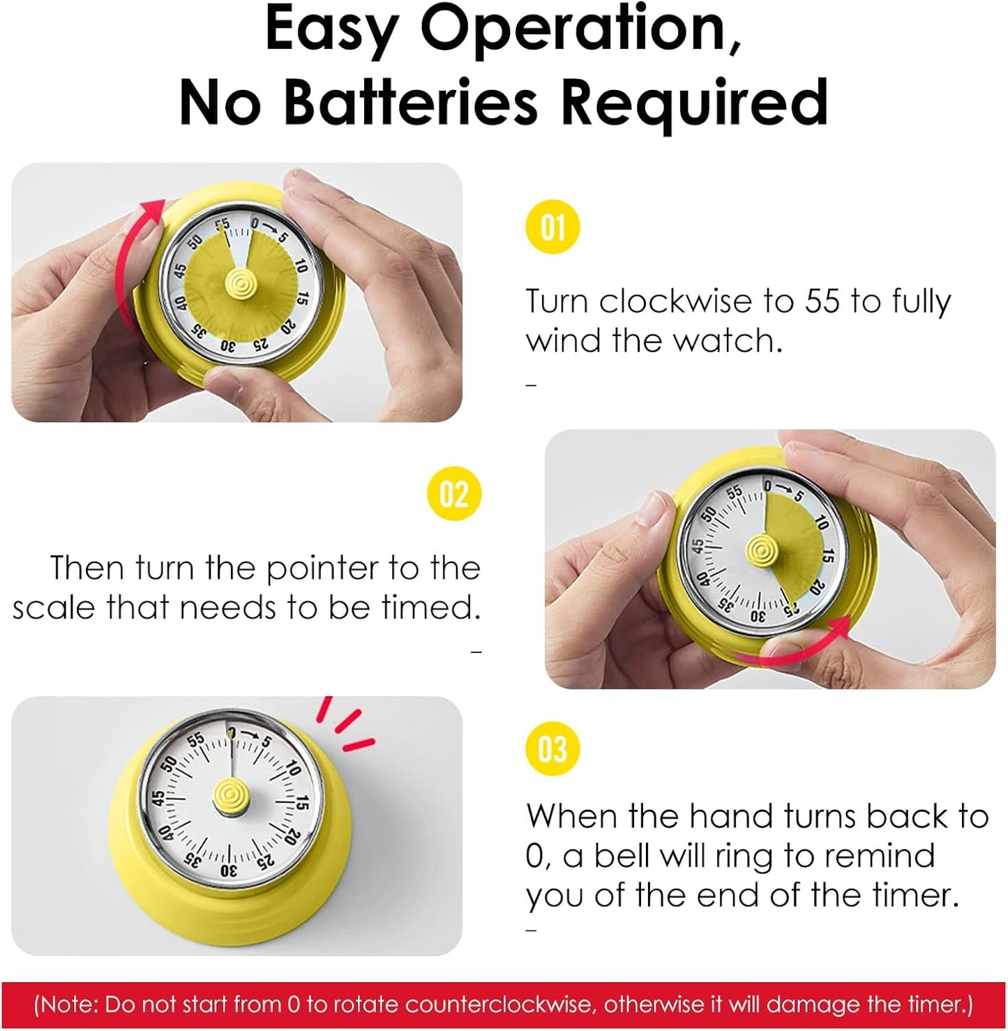 Visual Timer 60-Minute Countdown Timer with Magnetic Base (Yellow) | Kitchen Timer Mechanical Clockwork, Ringer Alert, Time Management Tool for Children and Adults, Study/Work/Cooking