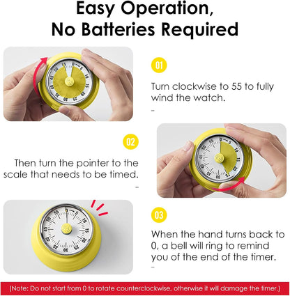Visual Timer 60-Minute Countdown Timer with Magnetic Base (Yellow) | Kitchen Timer Mechanical Clockwork, Ringer Alert, Time Management Tool for Children and Adults, Study/Work/Cooking