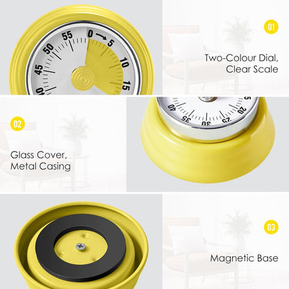 Visual Timer 60-Minute Countdown Timer with Magnetic Base (Yellow) | Kitchen Timer Mechanical Clockwork, Ringer Alert, Time Management Tool for Children and Adults, Study/Work/Cooking