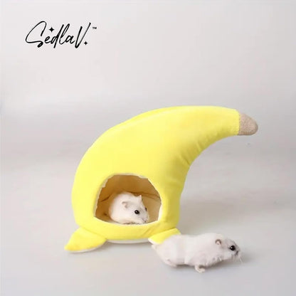 Banana Hamster Bedding with Mat - Velvet Rat Cage Accessories - Warm Sleeping Bag, Hedgehog Bed, Hamster Toy - Yellow Pet Nest for Guinea Pig, Chinchilla, Small Pets, 15x11x11 cm