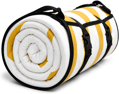 Picnic Blanket Waterproof, 80''x80'' Large Beach Blanket, Outdoor Blanket with Adjustable Straps & Shoulder Strap, Foldable Picnic Mat for Garden, Grass, Travel, Hiking, Yellow (Wavy Stripes)